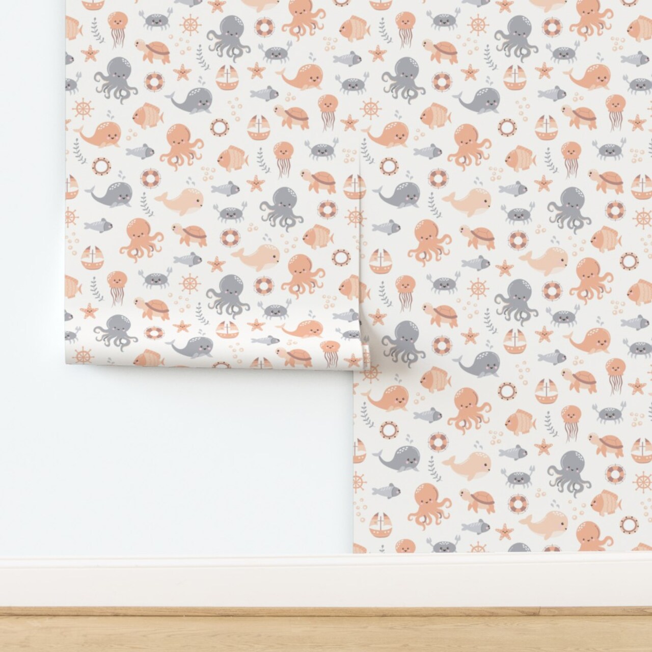 Whimsical Coastal Nautical Coral Orange Gray Gender Neutrall Simple Beach Ocean Seaside Custom Removable Wallpaper by Spoonflower Peel & Stick Wallpaper 2FT Wide